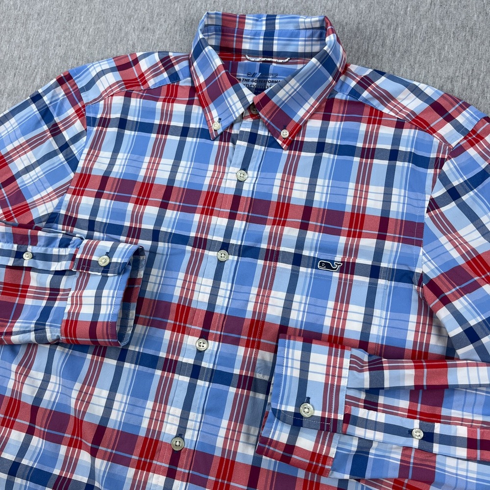 Vineyard Vines On-The-Go Shirt Mens M Blue Plaid OTG Performance Button-Down LS